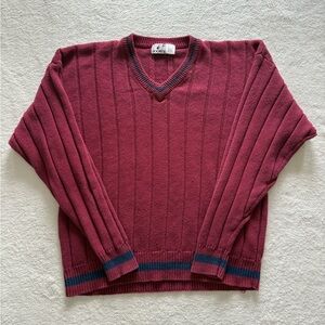 Vintage Jockey Cable Knit Maroon Red Preppy V-Neck Sweater Size Mens XL